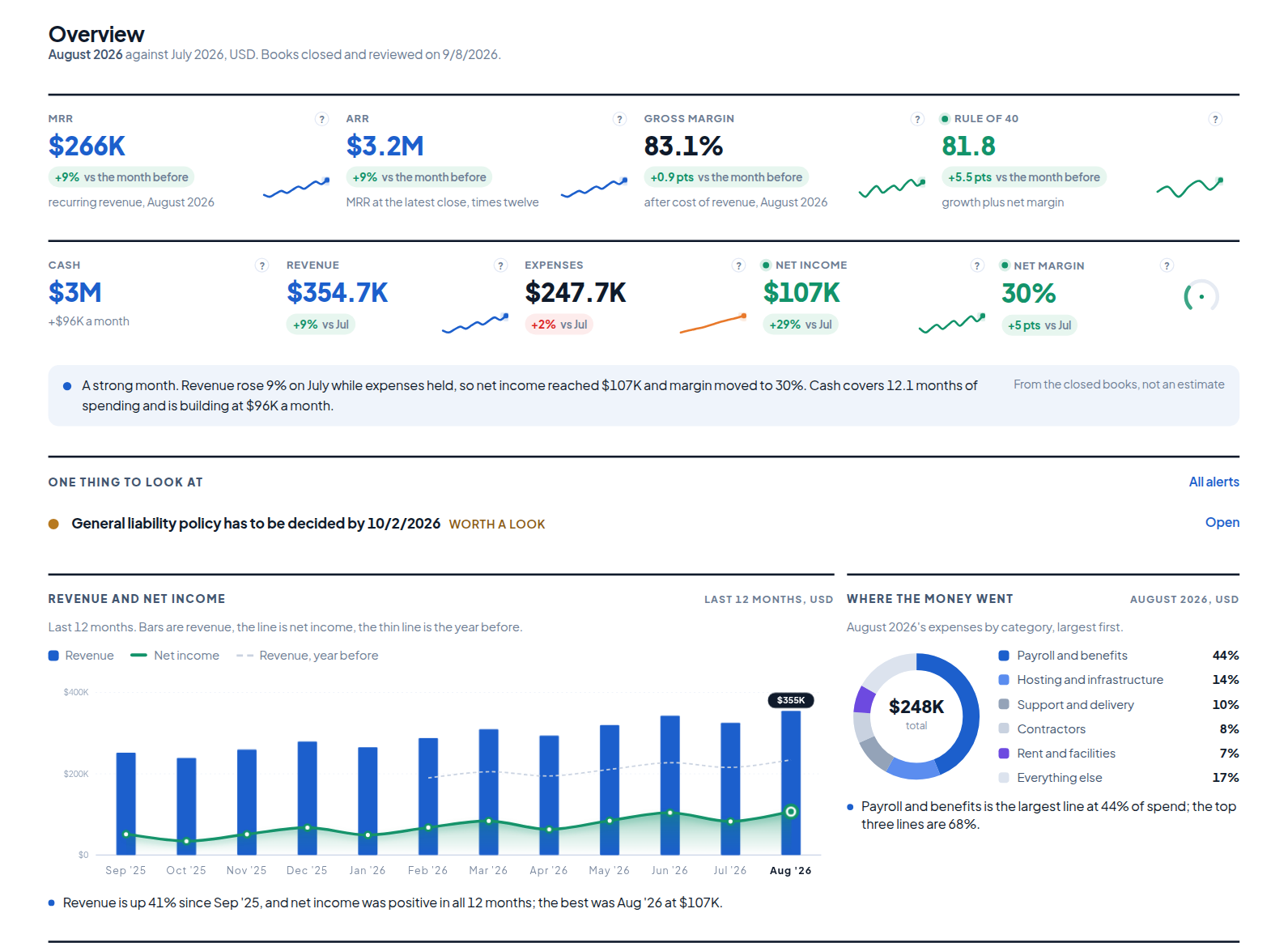 The Finsightic client portal: the overview with cash, revenue, expenses, net income and net margin, one sentence on the month, and revenue and net income by month